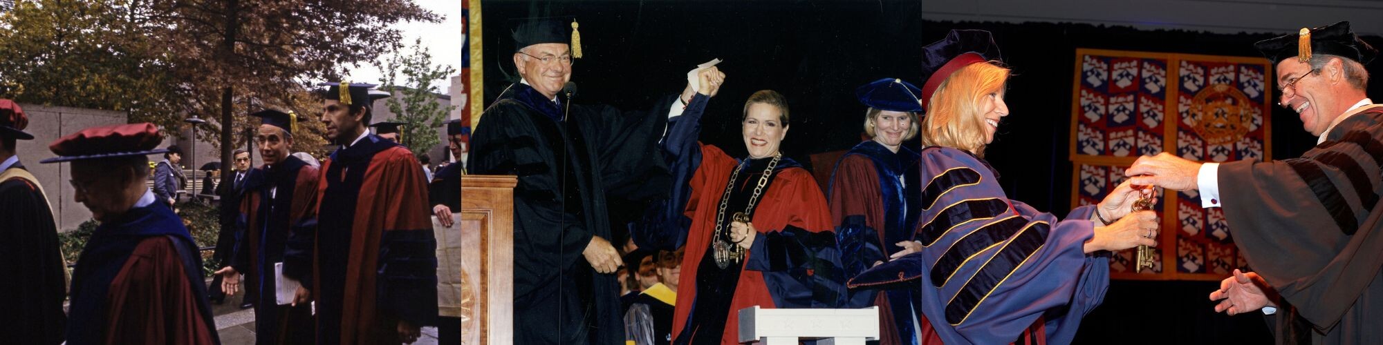 Left: Penn President Hackney inauguration; middle, Penn President Judith Rodin receiving the honorary keys; right, Amy Gutmann shaking hands at her inauguration.