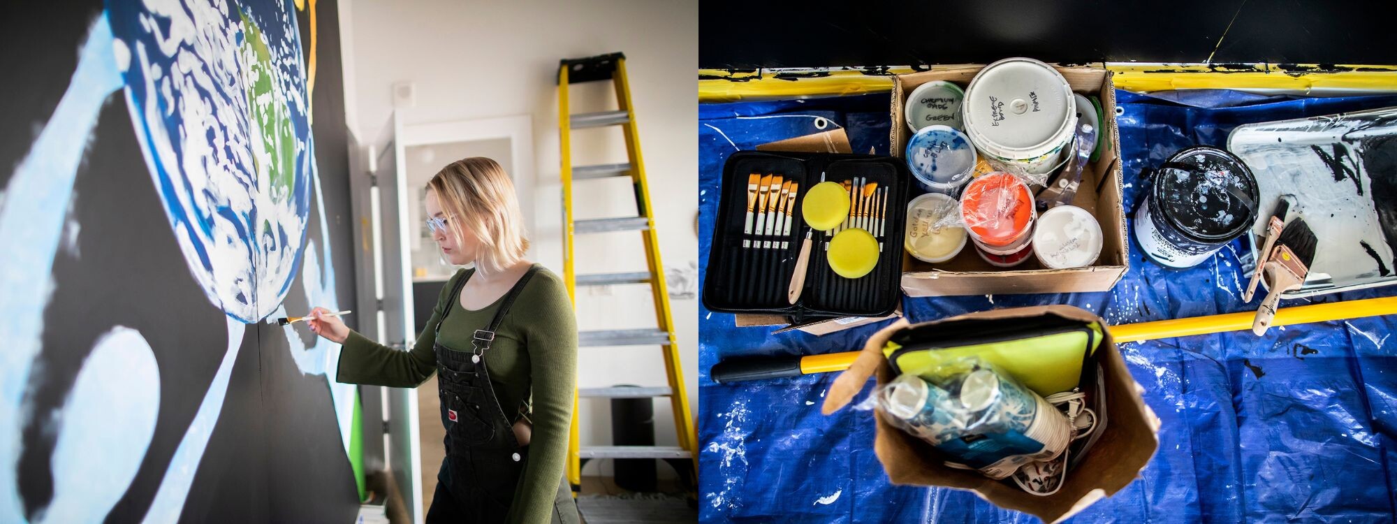 Eliza Nobles paints a large-scale mural at left, at right, an array of paints and brushes.