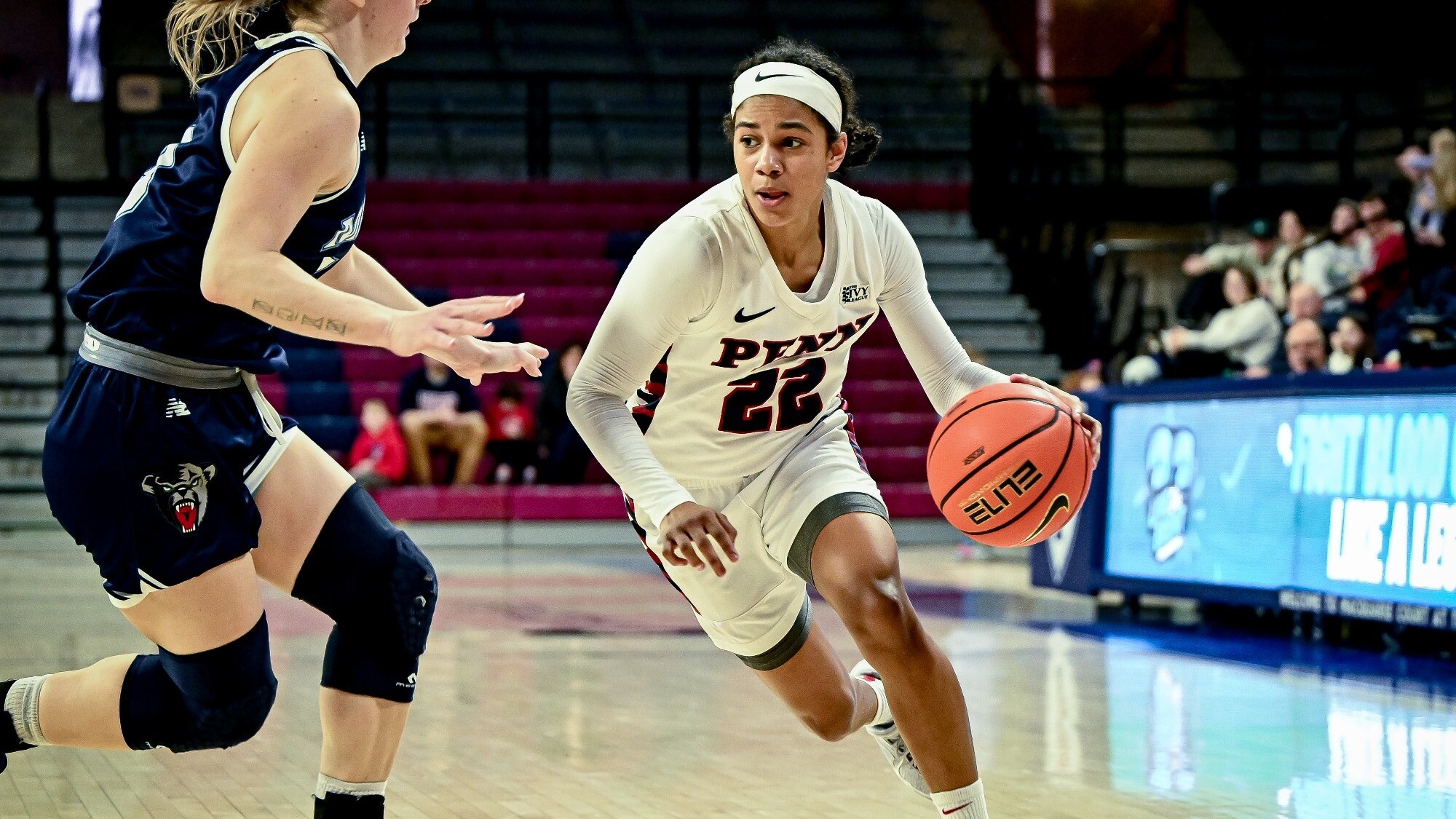 Mataya Gayle dribbles to the basket against Maine at the Palestra.