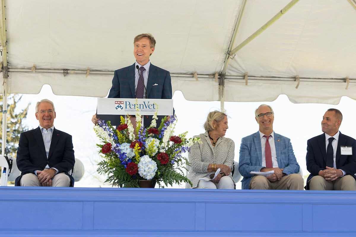 Penn President J. Larry Jameson speaks at podium.