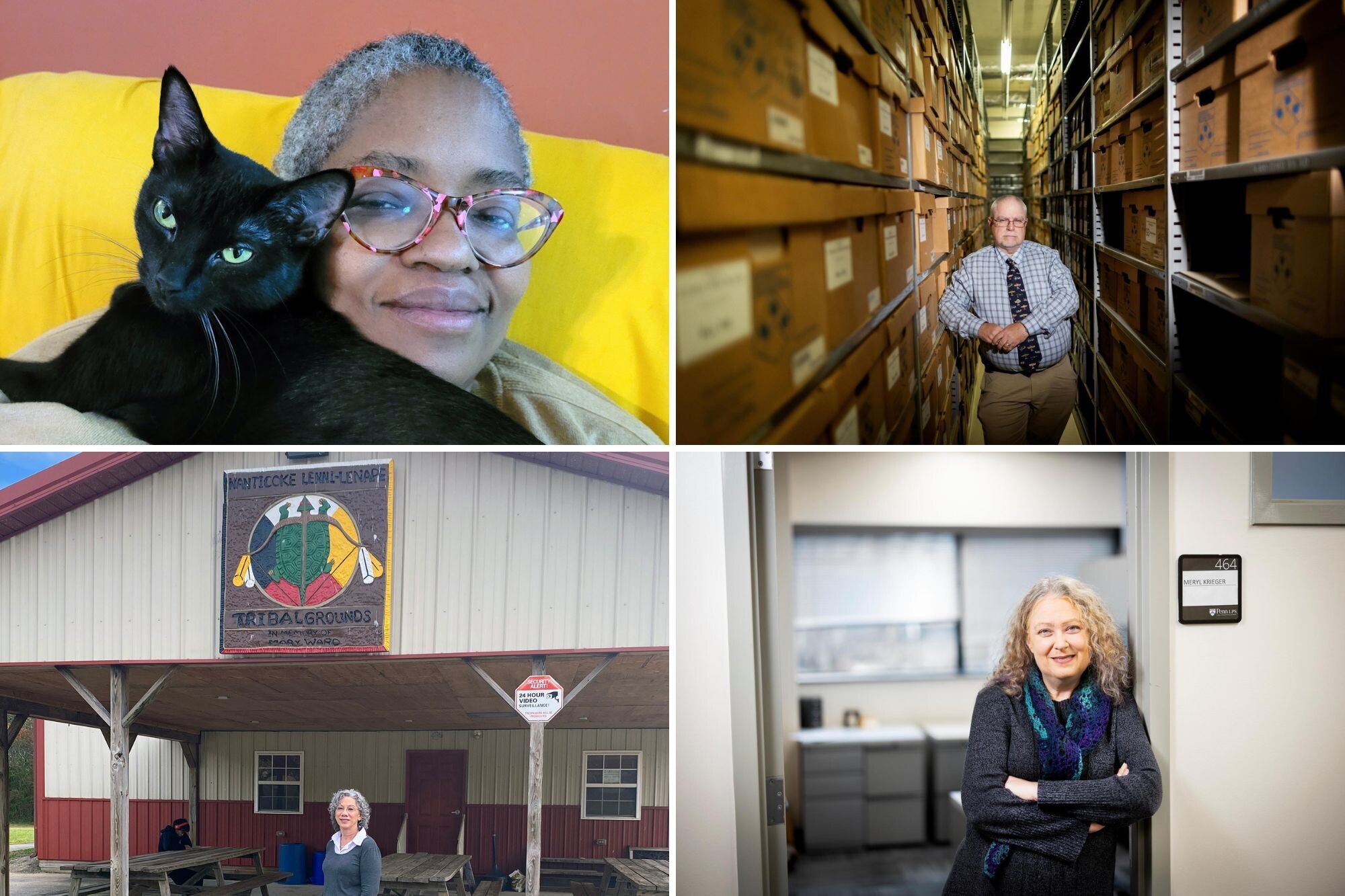 Clockwise from top left: Candace Adams with a black cat, JJ Ahern standing in the Archives storage room, Meryl Krieger standing outside her office, and Sherry Caputo outside a Lenape tribal building.