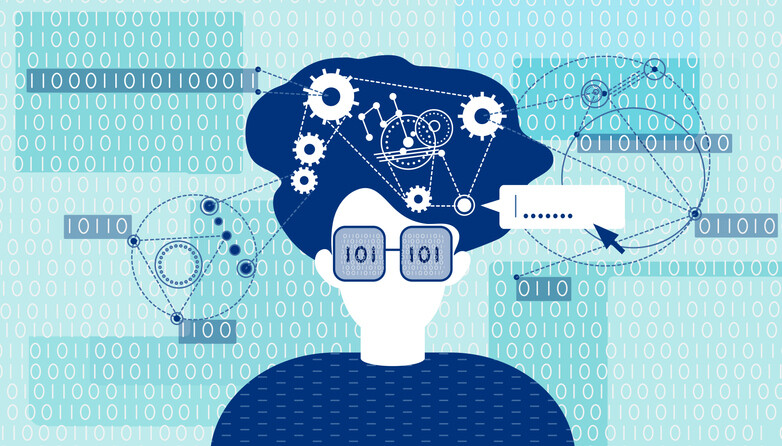 drawing of a head and neck and shoulders with what looks like wheel machinery in the brain to indicate the concept of an algorithm.