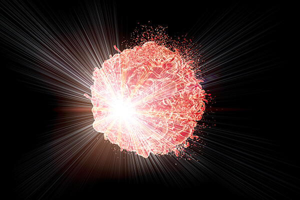 Radiotherapy of cancer cell illustrated by light rays concentrating on one focal point on a tumor cell