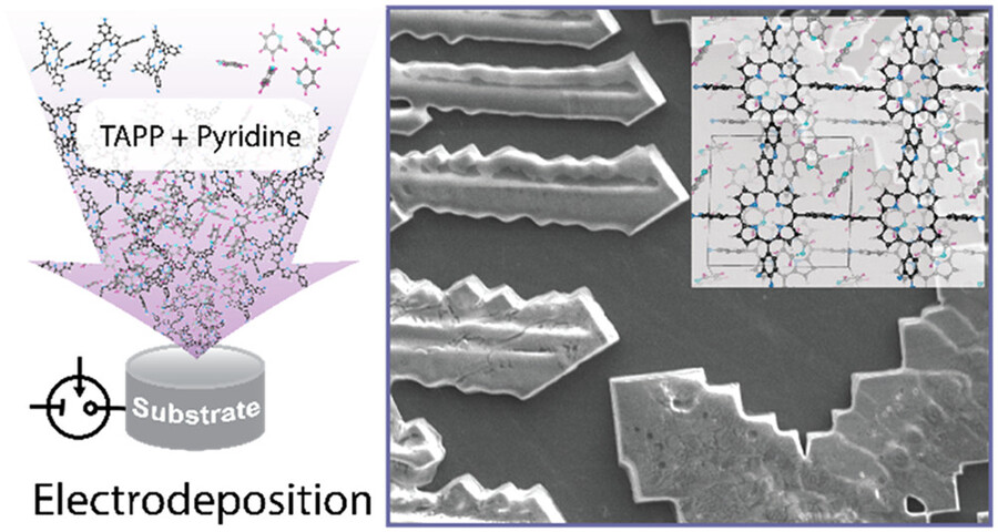 a diagram showing how TAPP and pyridine chemicals are combined onto a substrate (shown as chemical structures inside of an arrow pointing onto a gray cylinder) and using electrodeposition form new materials, the structures of which appear as jagged keys in the corresponding microscope image