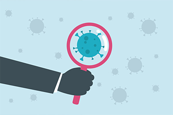 cartoon of a hand holding a magnifying glass up to a coronavirus germ