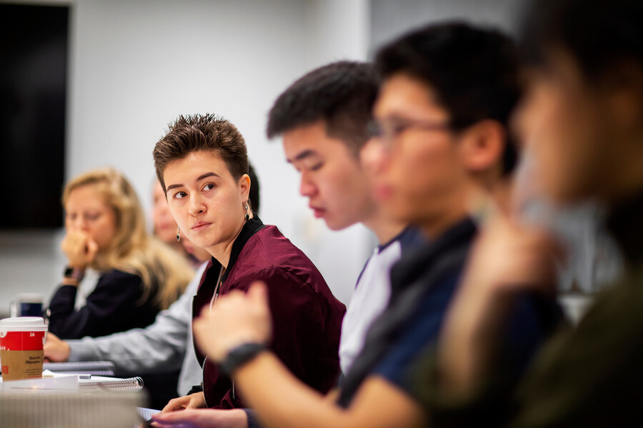 Students in The Chinese Body course sit in the classroom.