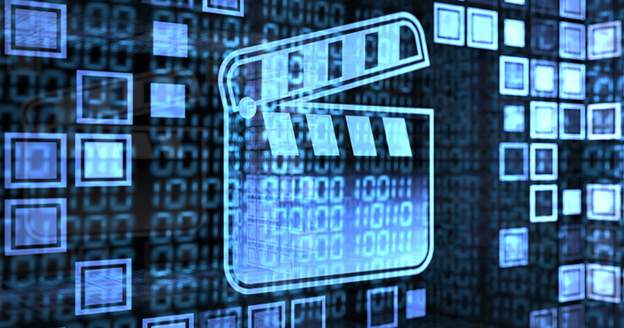 Digital clapperboard against a background of ones and zeros indicating big data.