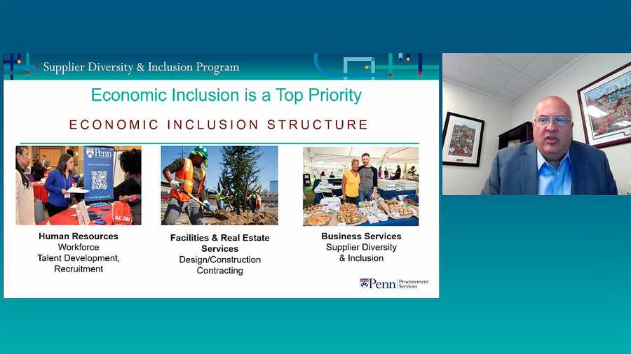 Slide of virtual event with presenter at top right corner