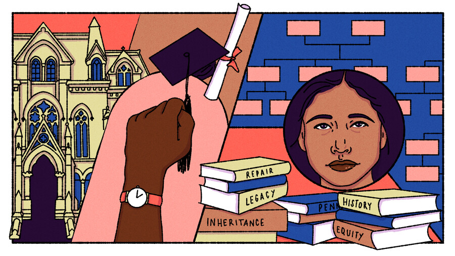 Drawing of books, an African American student’s face, a diploma, a fist in the air.
