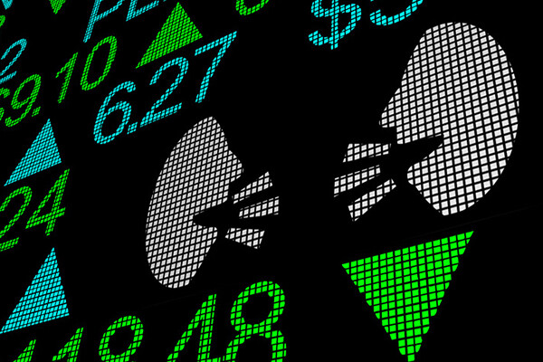 Graphic of two talking heads among stock market symbols.