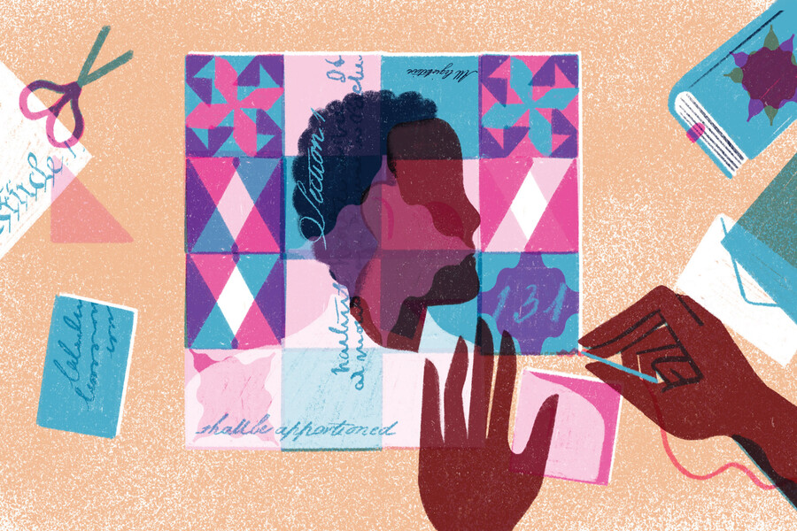 Patchwork quilt in assembly.