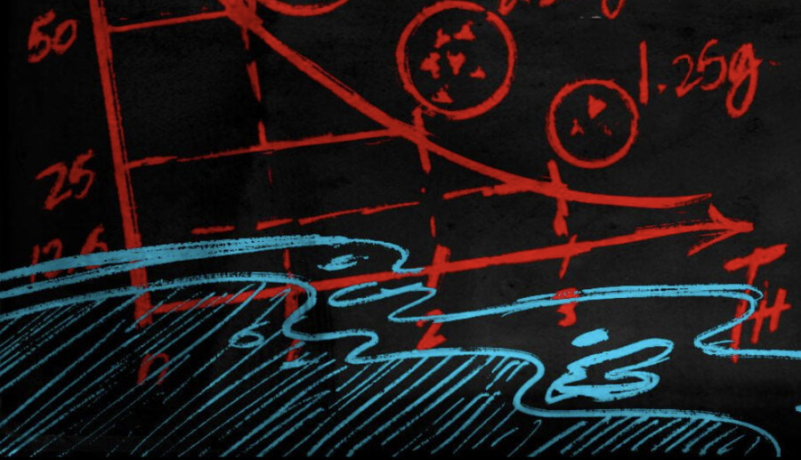 Hand-drawn images of charts and graphs and waves, measuring global rise in temperatures and sea levels.