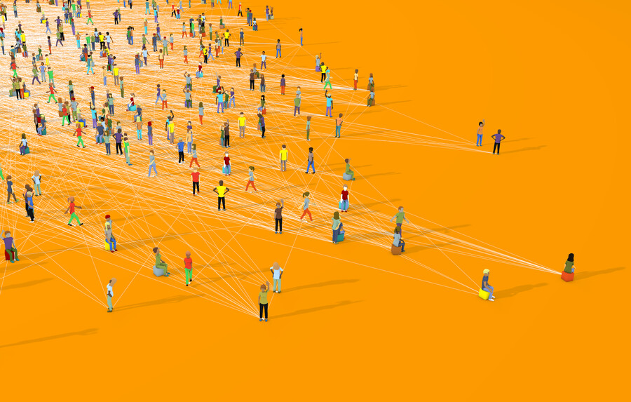 Humans spread out in groups, clusters, and individuals conveying varying degrees of connectivity.