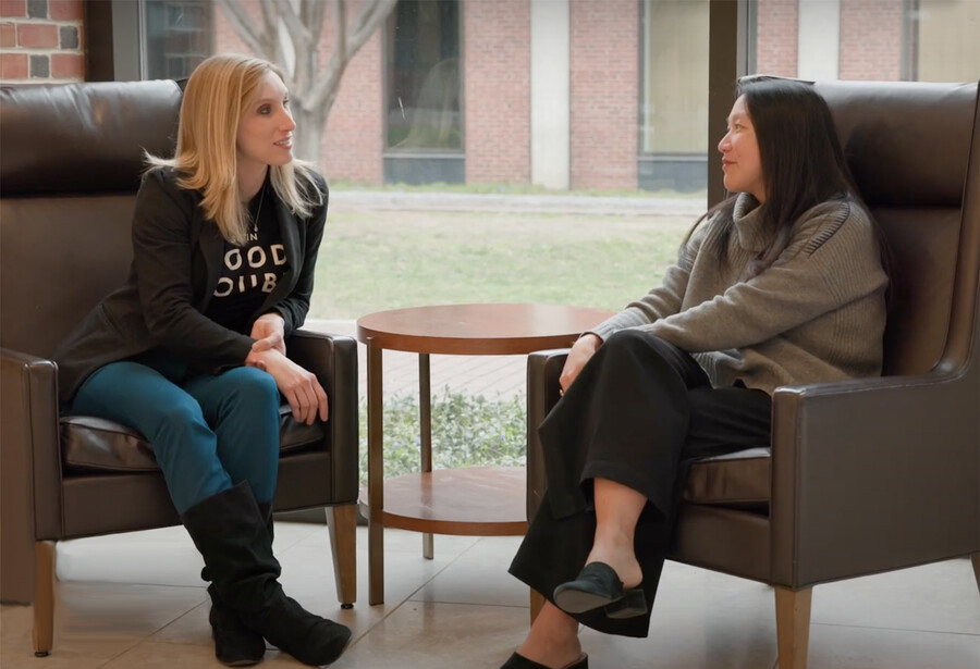 Miriam Nemeth and Felicia Lin seated in a lobby.