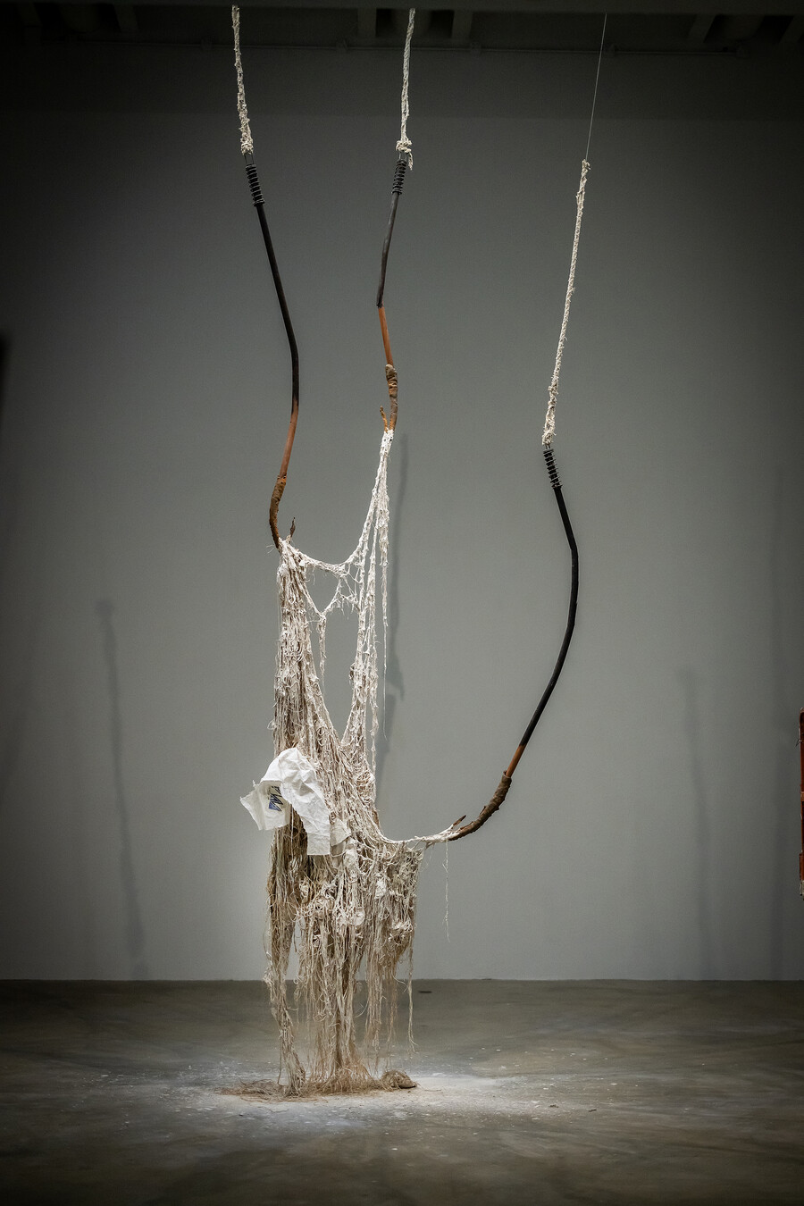 Harpoons and webbing hang from the ceiling of a gallery.