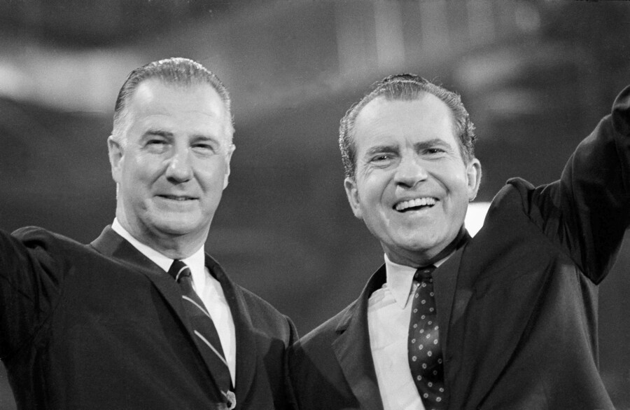 Spiro Agnew and Richard Nixon wave to the crowd at the Republican National Convention in 1968.