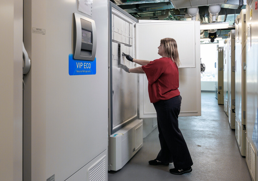 A Penn Medicine worker working in the Bio Bank genetic storage area.
