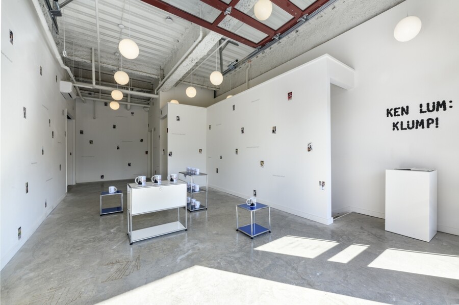Installation view of “Ken Lum: Klump!” in a gallery.