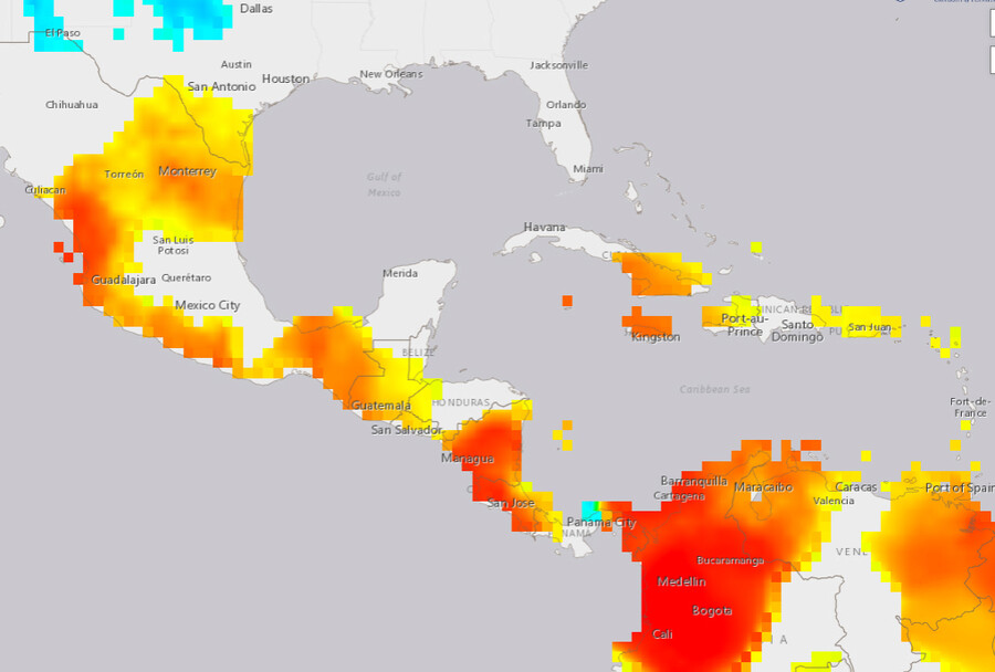 A map of precipitation anomalies in Central America.