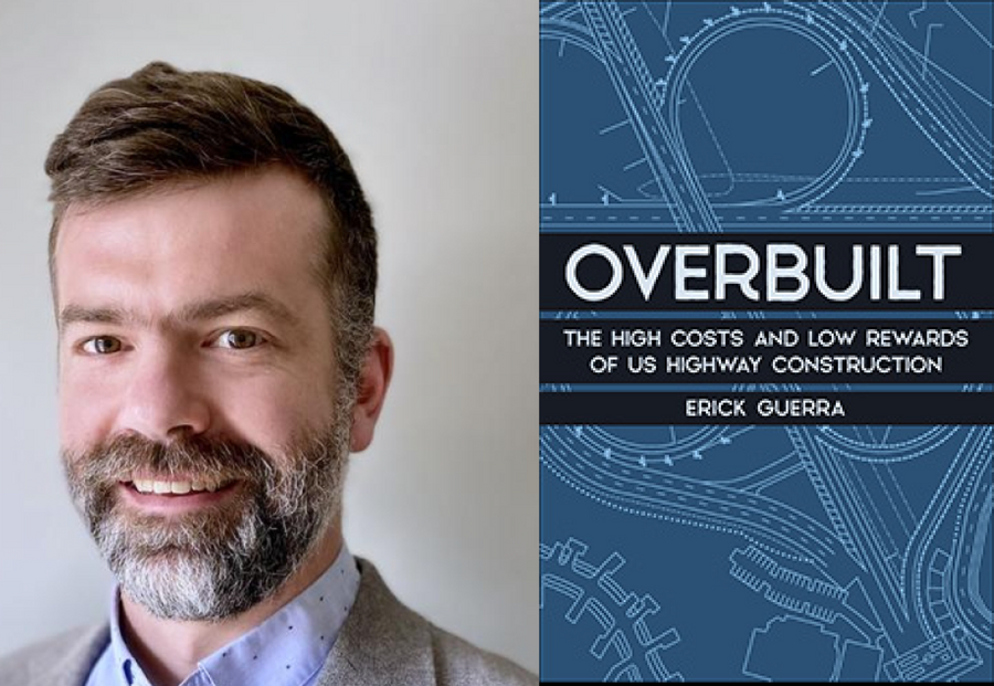 Erick Guerra and the cover of his new book "Overbuilt"