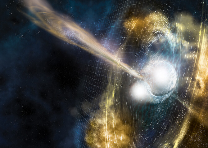 Artist’s illustration of two merging neutron stars. The narrow beams represent the gamma-ray burst while the rippling spacetime grid indicates the isotropic gravitational waves that characterize the merger. Swirling clouds of material ejected from the mer