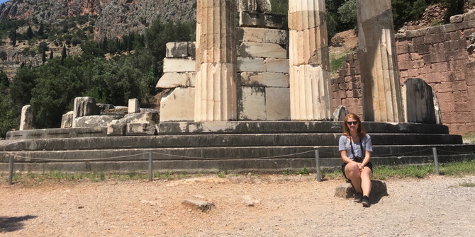 Claudia in front of the Temple of Athena Pronaia