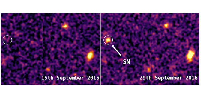 A before and after image of superluminous supernova DES16C2nm.