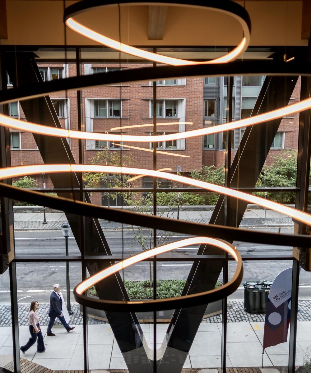 The interior entrance to AG Hall with a sculptural lighting display.
