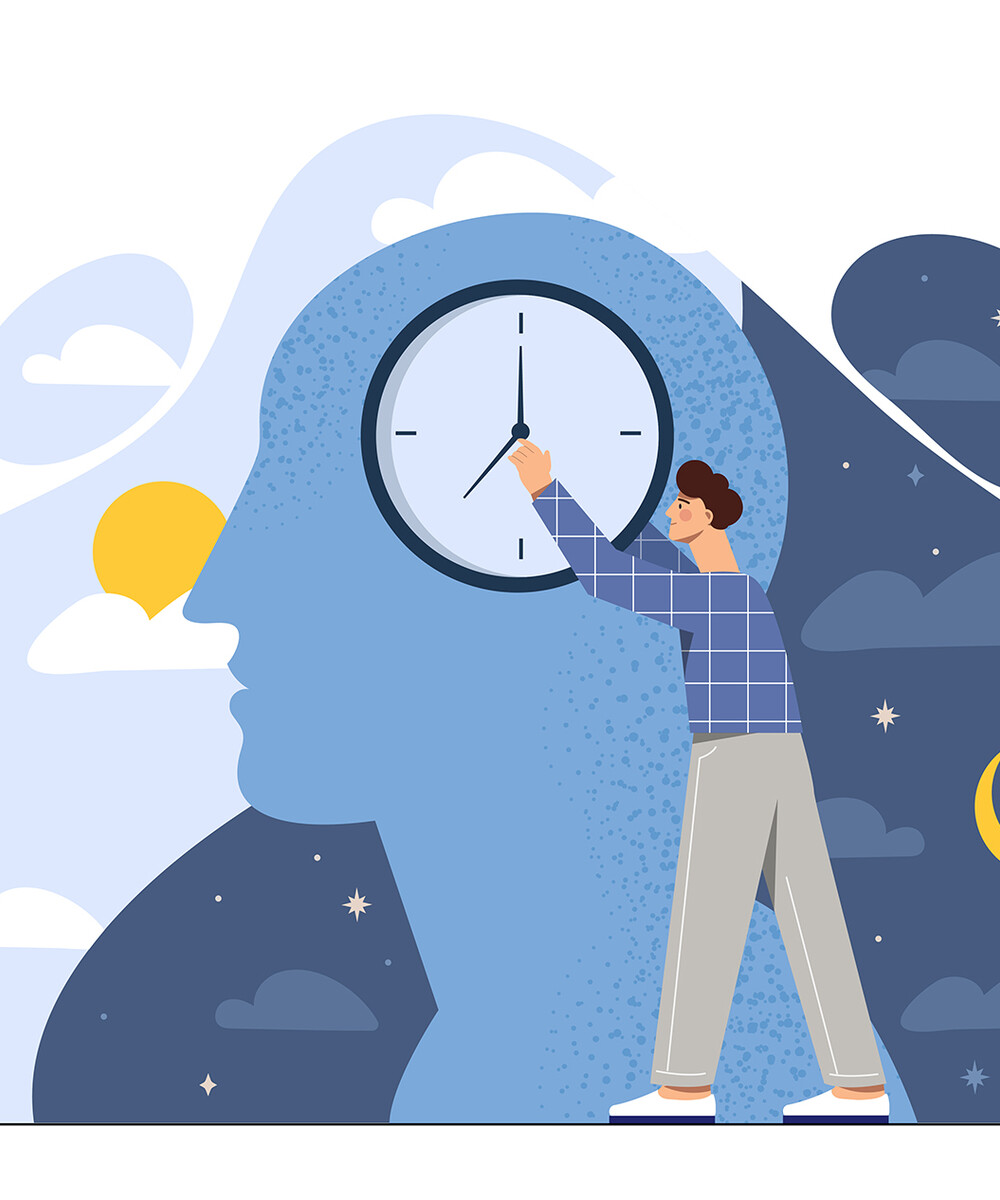 A person turning back a clock superimposed over a profile of a head and day and night icons.