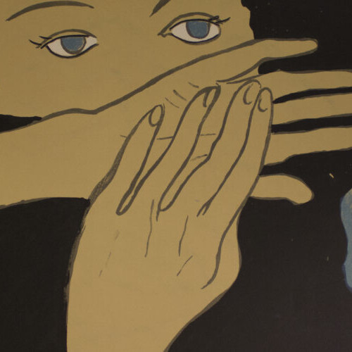 Blue-eyed woman holding her hand over her mouth