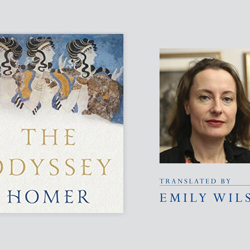 Emily Wilson with cover of The Odyssey