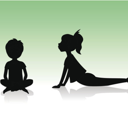 two kids doing yoga poses in silhouette