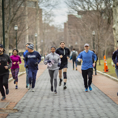 A group of runners makes their way down a wide path framed by trees and buildings.