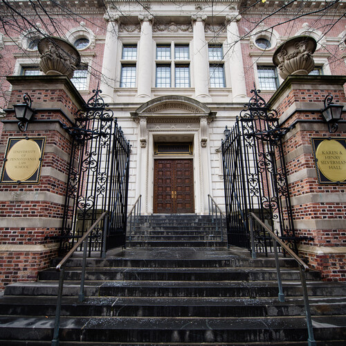 Front gates and steps leading to door of Penn Law’s Silverman Hall