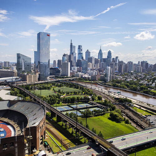 aerial view of penn park and philly skyline