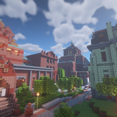 Blocky digital versions of Fisher Fine Arts and College Hall, with trees intermixed