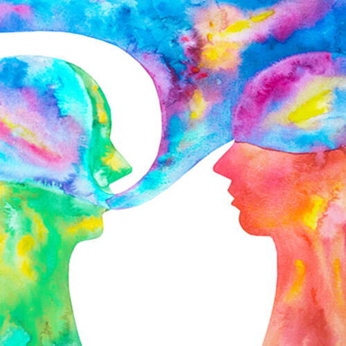watercolor of two heads in profile with a large dialogue box coming from one figure like a cloud over the other head in bright colors