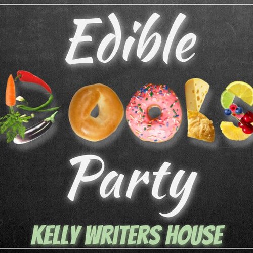 Edible Books Party Kelly Writers House with Books spelled out using images of food, like peppers, fruit, a bagel a donut.