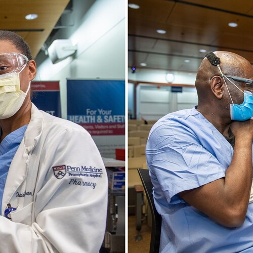 At left, a medical worker with a white coat, goggles and face mask and gloved hands holds a syringe filled with vaccine. At right, a medical worker in scrubs and face mask receives a vaccine syringe in their upper arm by a medical professional.