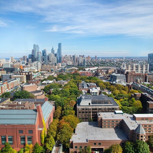 aerial view of Philadelphia skyline from vantage point of Penn's campus