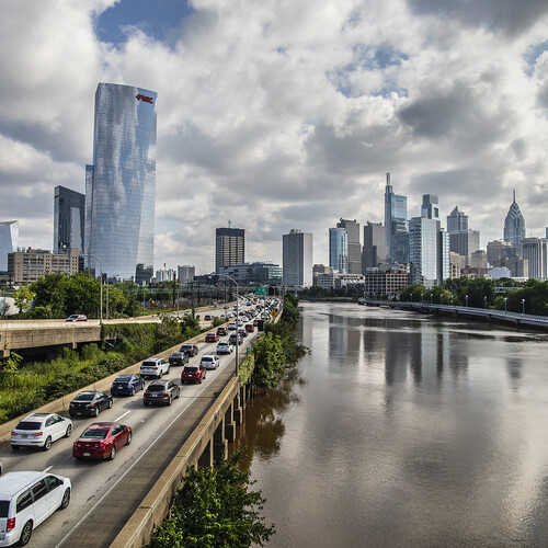 the philadelphia city skyline looking north on a sunny day