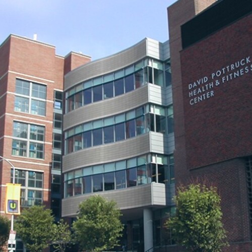 An exterior view of the Pottruck Health and Fitness Center, with the parking garage to the left.