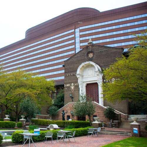 Penn Museum exterior and courtyard with seating