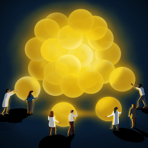 Illustration of scientists building a glowing structure collaboratively.