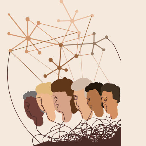 An illustration of six faces with different skin tones, ranging from dark to light. Above the faces are connected lines that look like jacks, to indicate social networks.