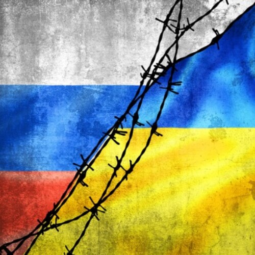 Flags of Ukraine and Russia.