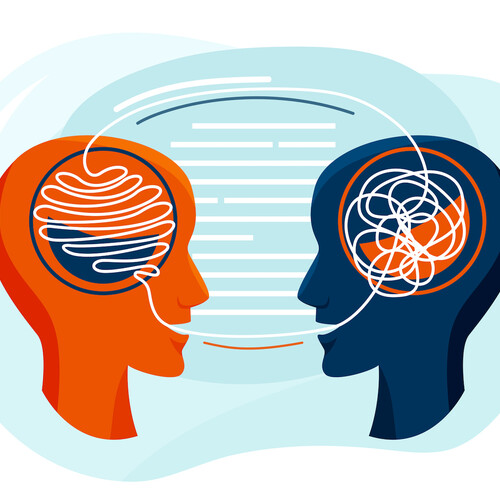 A cartoon drawing of two silhouetted heads facing each other, with lines to indicate speaking, moving from the mouths to the brains around in a circle.
