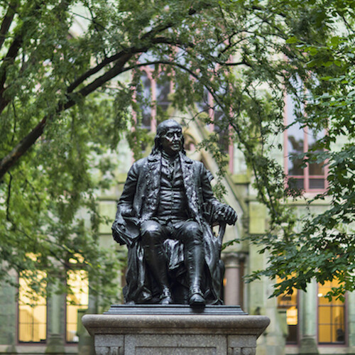 Benjamin Franklin Statue in front of College Hall.
