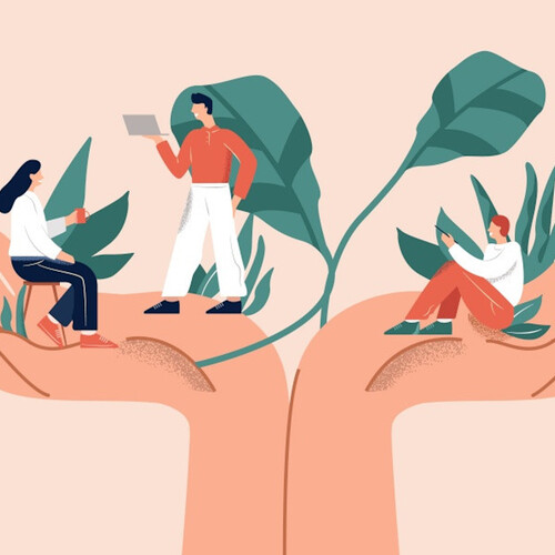 Wellbeing icon of two plams facing hold, holding people and plants.
