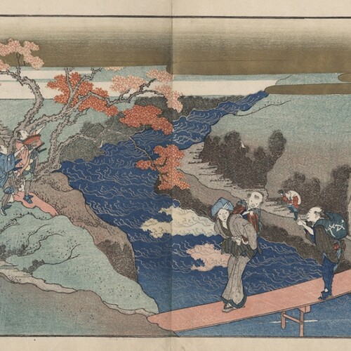 Japainese painting of river, people crossing bridge, and cherry blossoms.